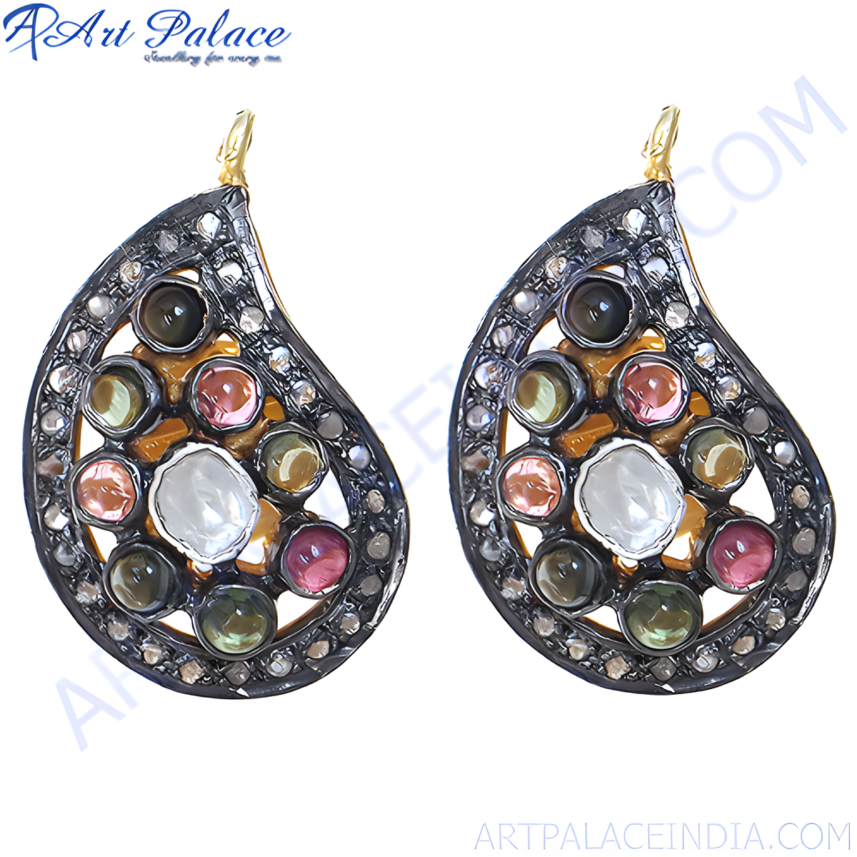 Multi gemstone teardrop earrings with a silver frame, featuring various colorful gemstones and a gold plating hook