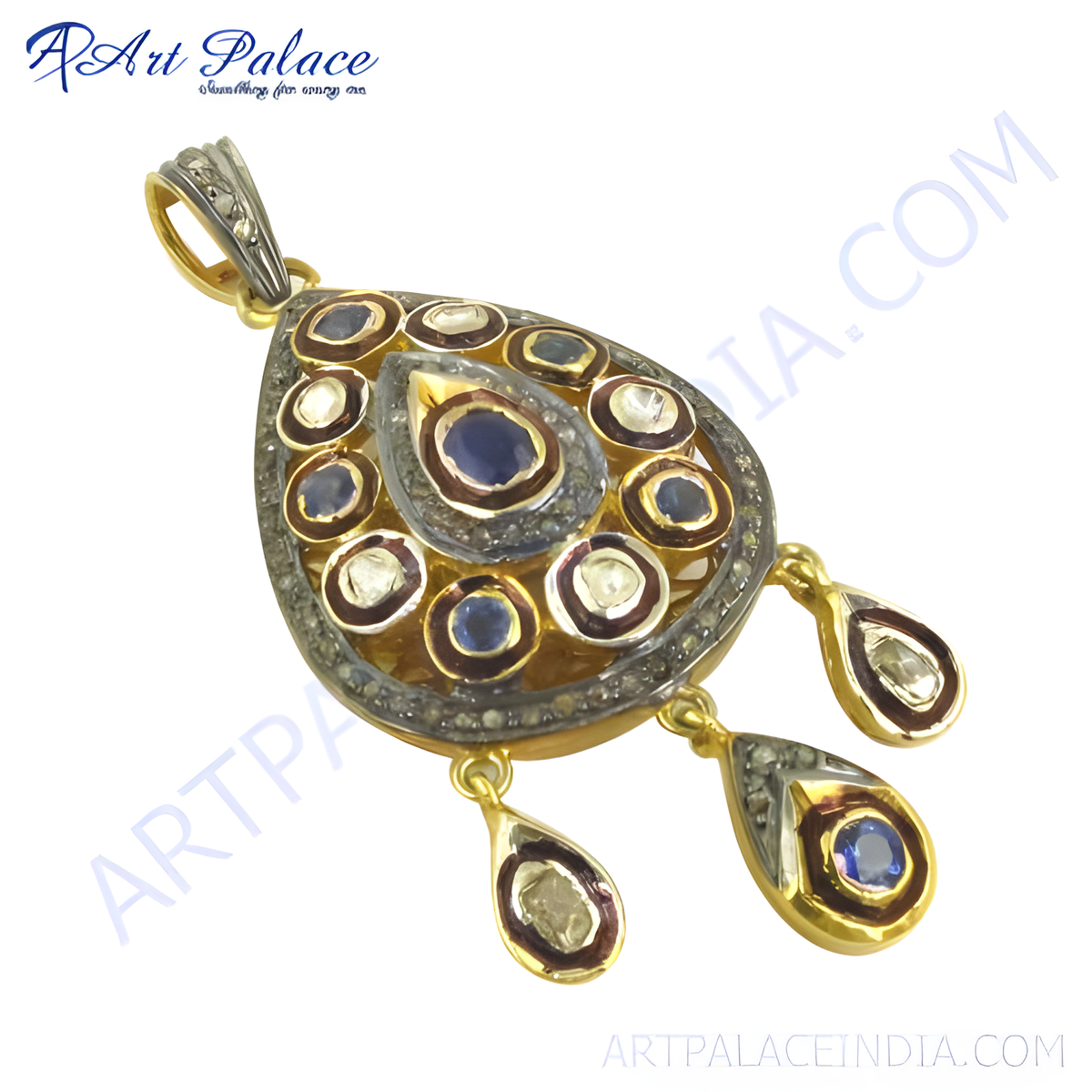 Gold plating teardrop pendant with sapphires and diamonds