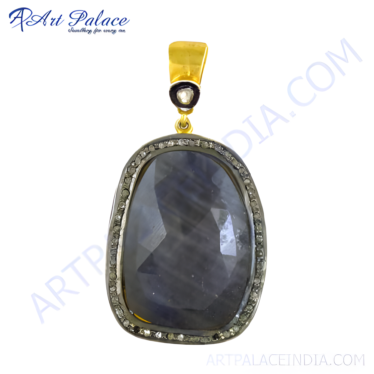 Gold plating plated silver pendant necklace with a large sapphire gemstone and diamond accents, perfect for gifting or everyday wear