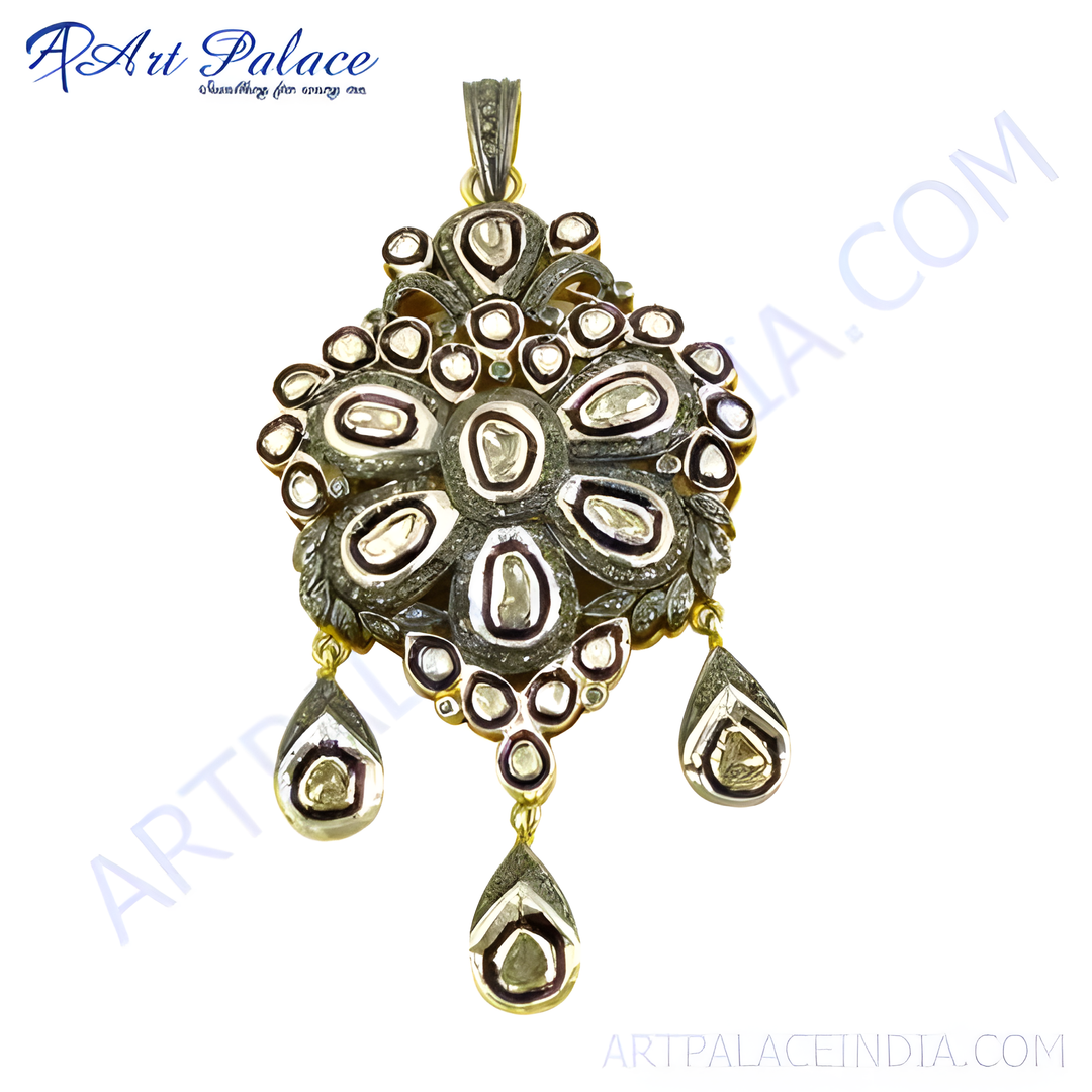 Vintage style diamond pendant featuring a flower-like design with teardrop dangles, crafted in a silver-tone metal.