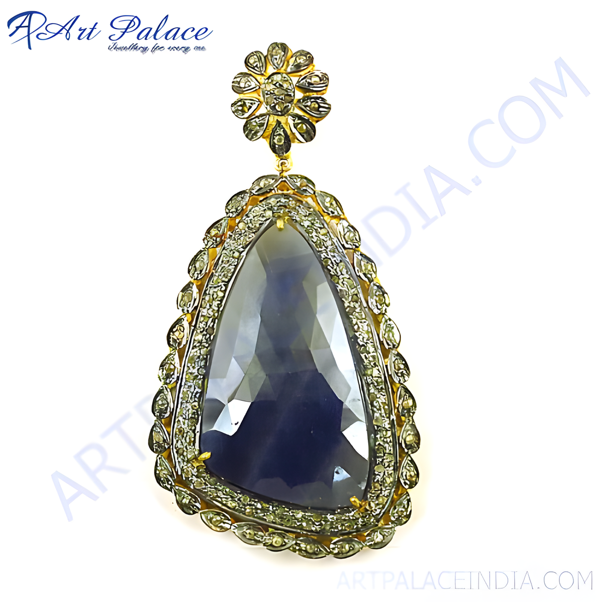 Antique gold plating finish sapphire pendant necklace with intricate detailing, blue gemstone center