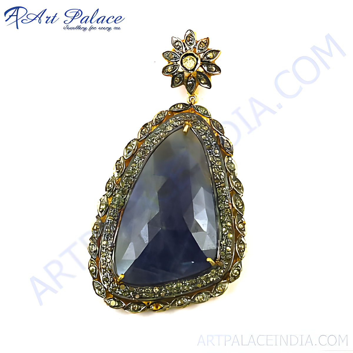 Vintage style gold plating plated pendant with large sapphire and diamond accents, for women's jewelry