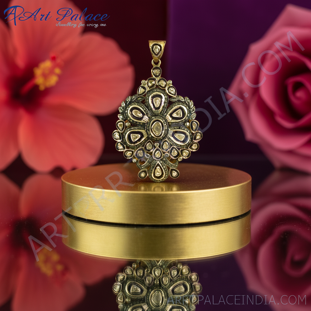 Gold plating floral pendant for women | diamond cluster design