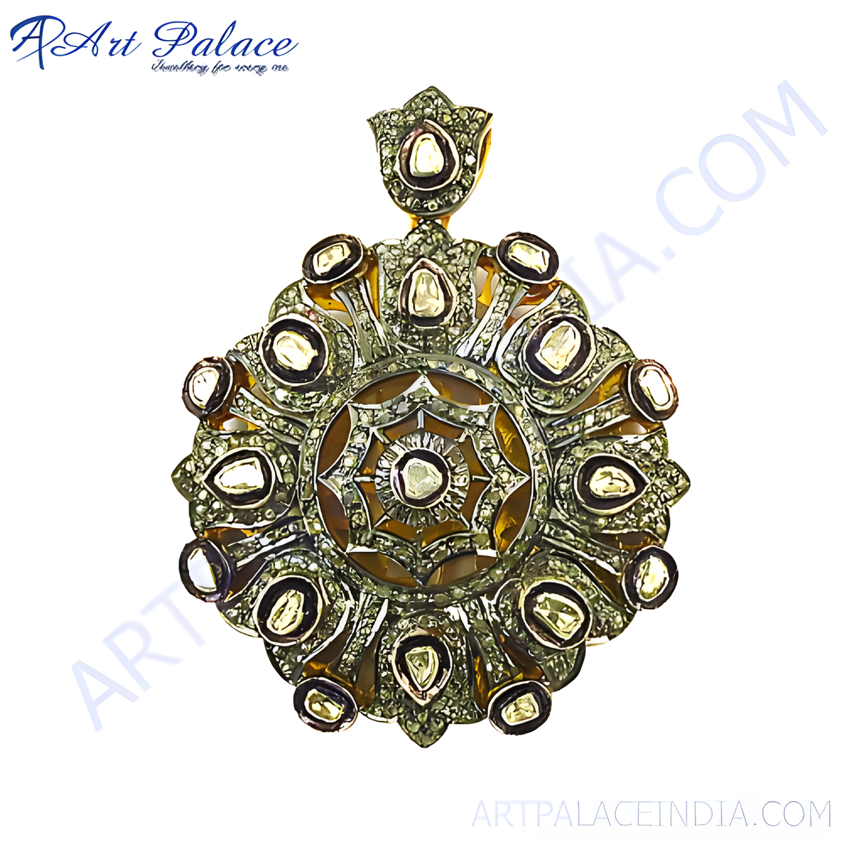 Antique diamond pendant with amber gemstone center, ornate design, fine jewelry, for women