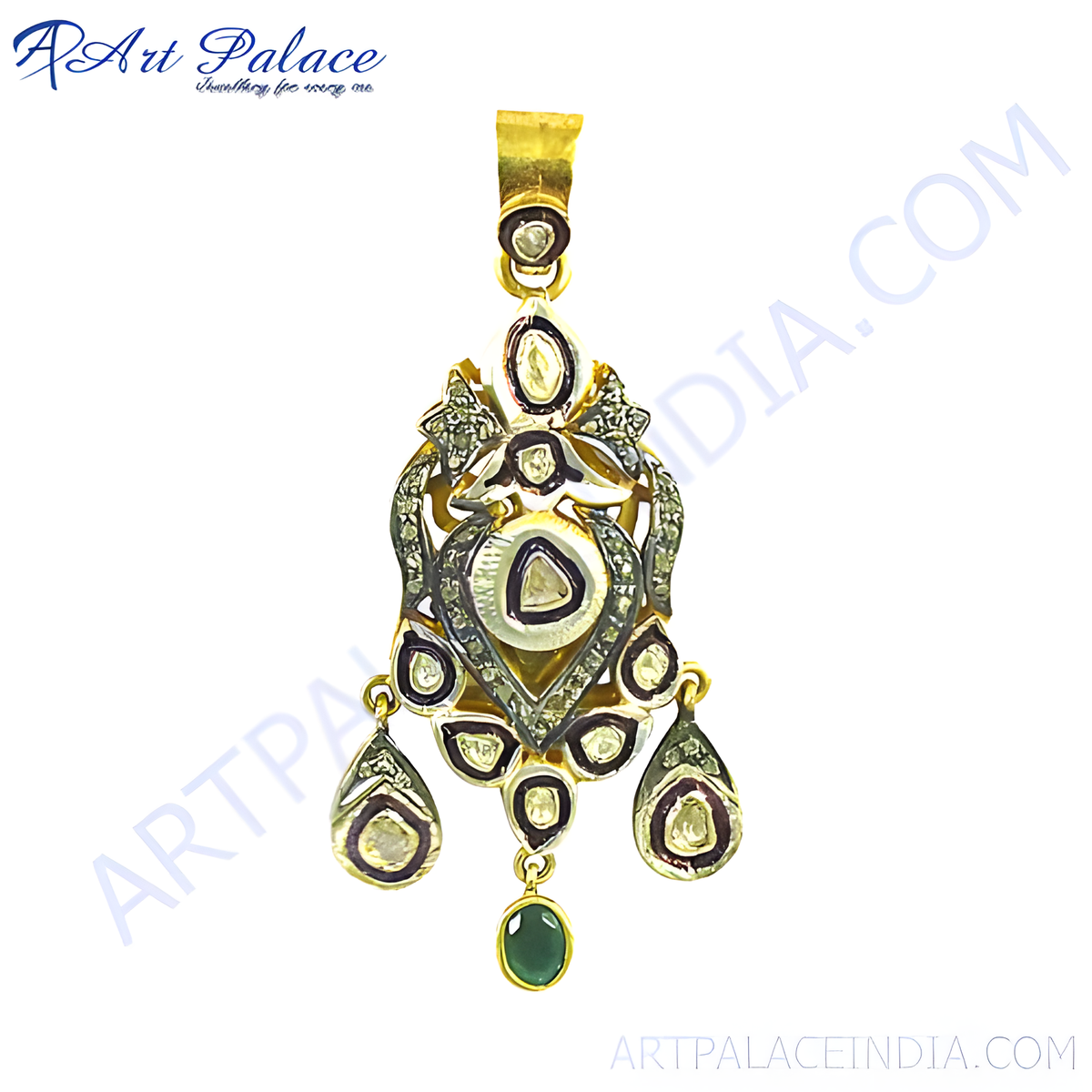 Gold plating emerald pendant with an intricate vintage design; a gemstone necklace