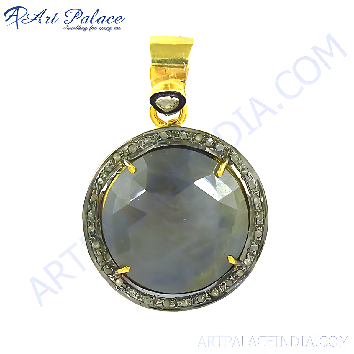 Gold plating pendant featuring a large round cut sapphire gemstone surrounded by diamonds