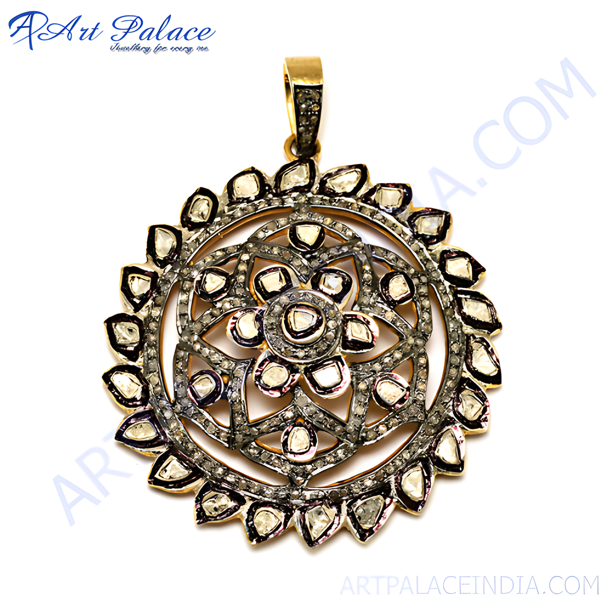 Gold plating diamond floral pendant with intricate detailing and sparkling diamonds on a white background