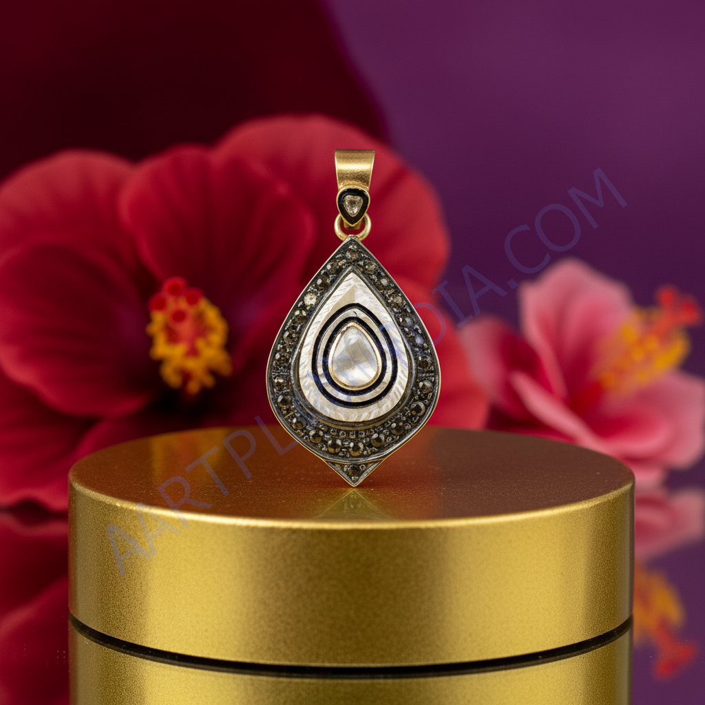 Gold plating pear shaped pendant with mother of pearl and diamonds