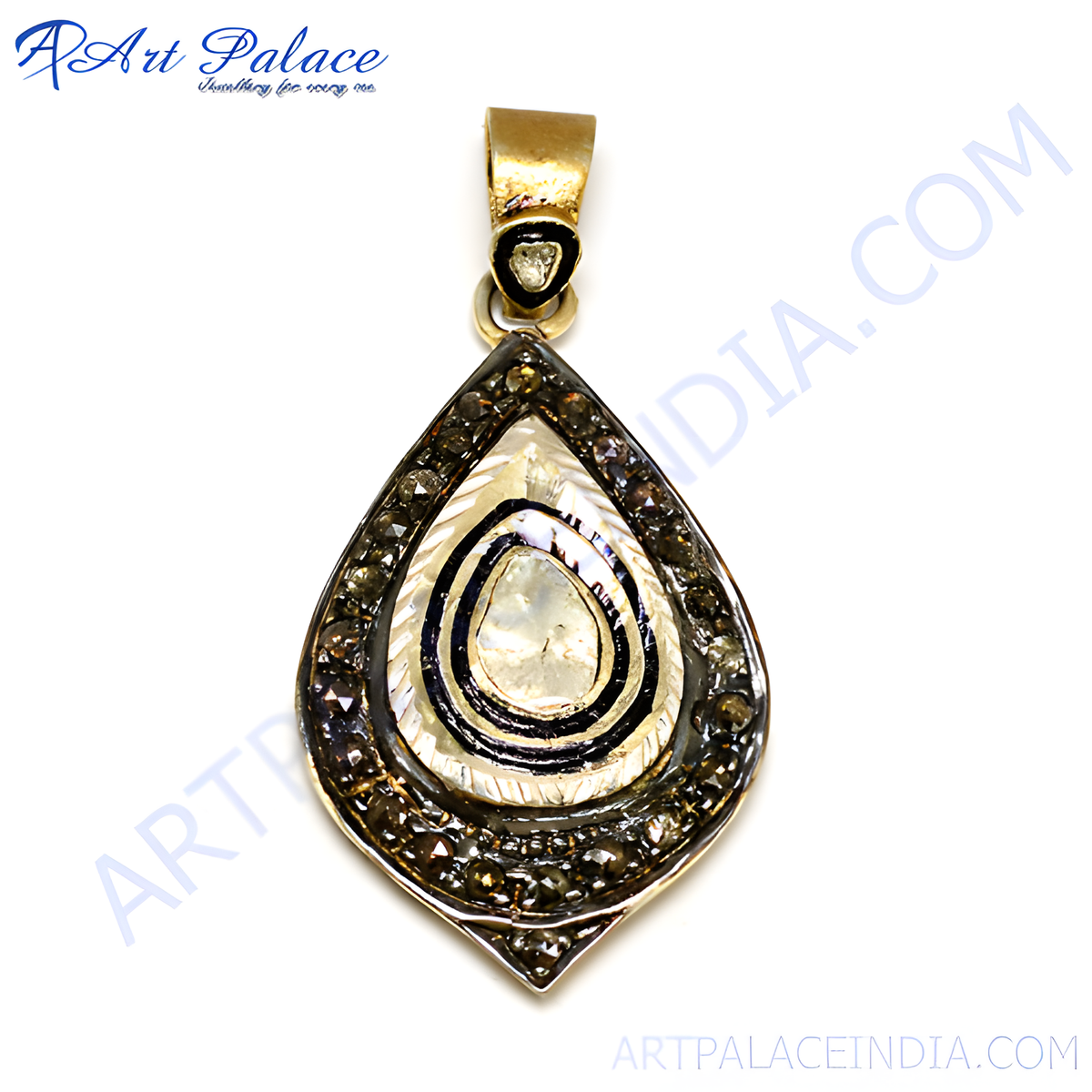 Gold plating pear shaped pendant with mother of pearl and diamond accents, a luxurious jewelry piece
