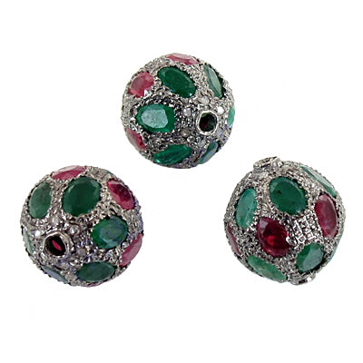 Gemstone Beaded Ball Pendant | Silver Ruby Emerald Jewelry