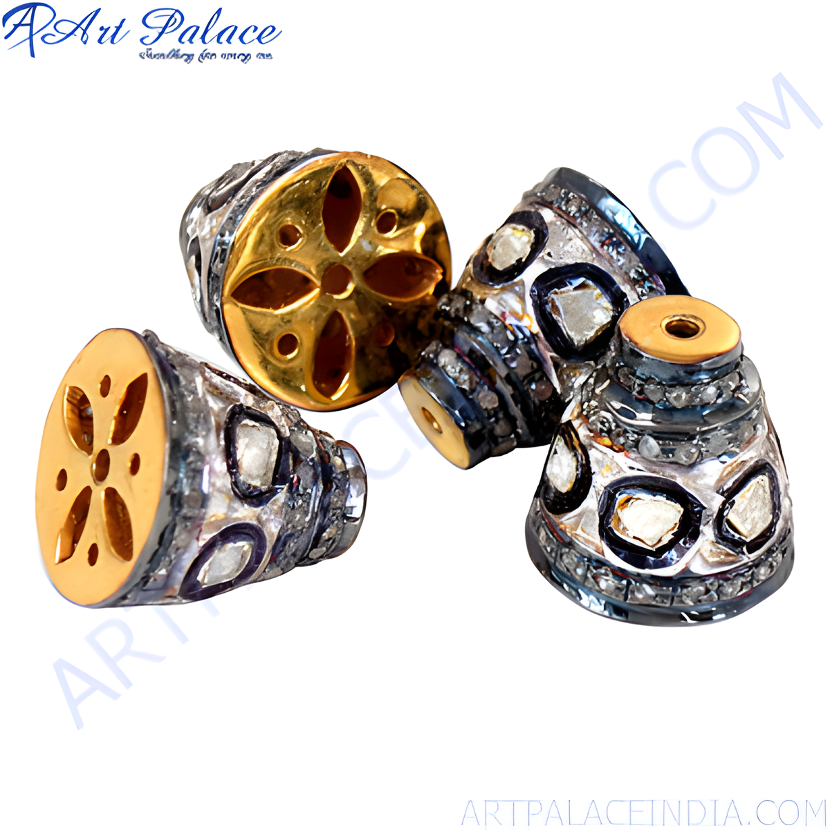 Close up of beaded silver pendant charms encrusted with diamonds, ideal for necklaces or bracelets