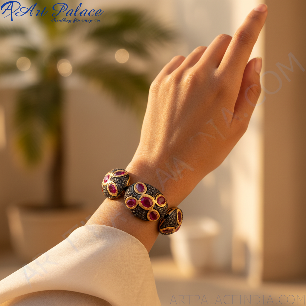 Ruby & diamond beads in gold plating for jewelry making