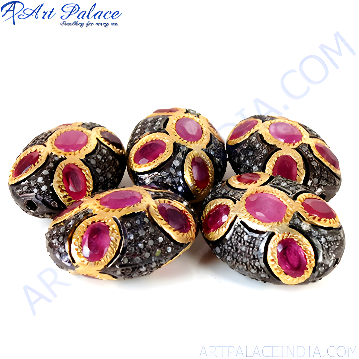Black finish beads with ruby and diamond gemstones in gold plating, perfect for jewelry making