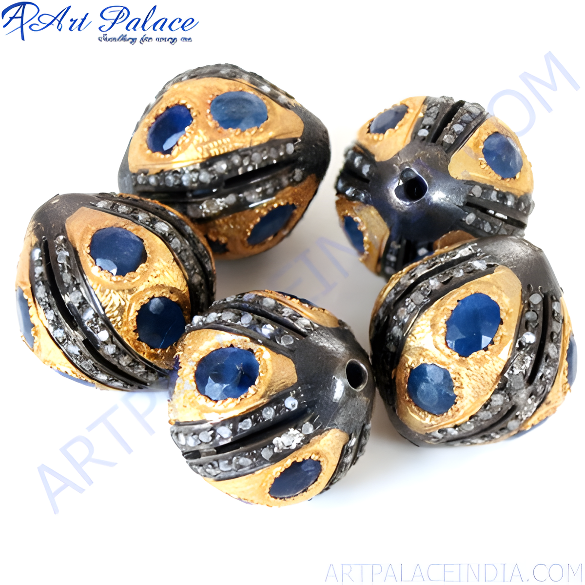 Oxidized silver beads with gold plating accents and blue sapphire gemstones, perfect for jewelry making