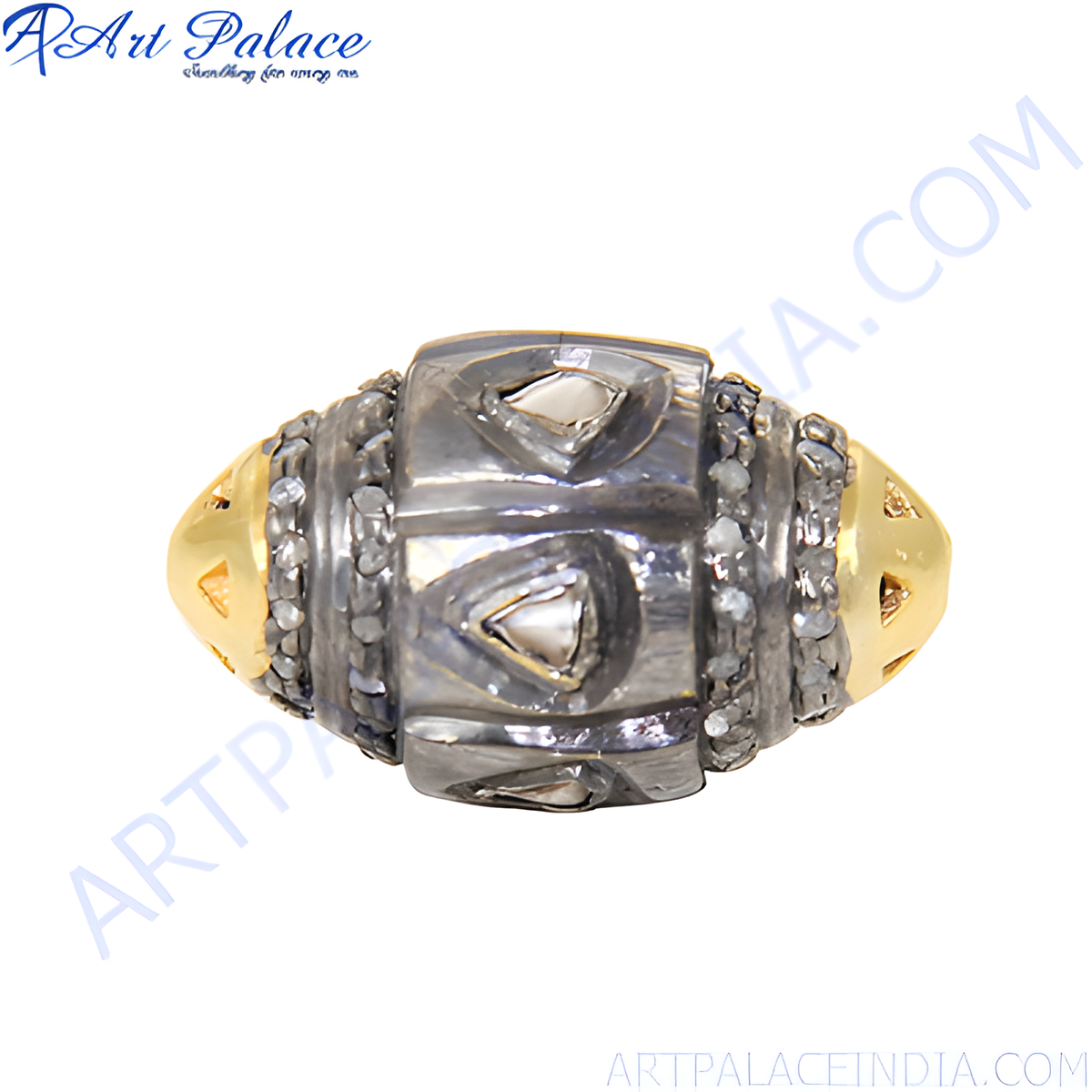 Silver beaded ring with diamond accents and gold plating detailing for a luxurious look