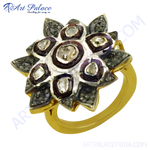 Load image into Gallery viewer, gold plating ring with a diamond flower design, featuring diamonds and a polished gold plating band.
