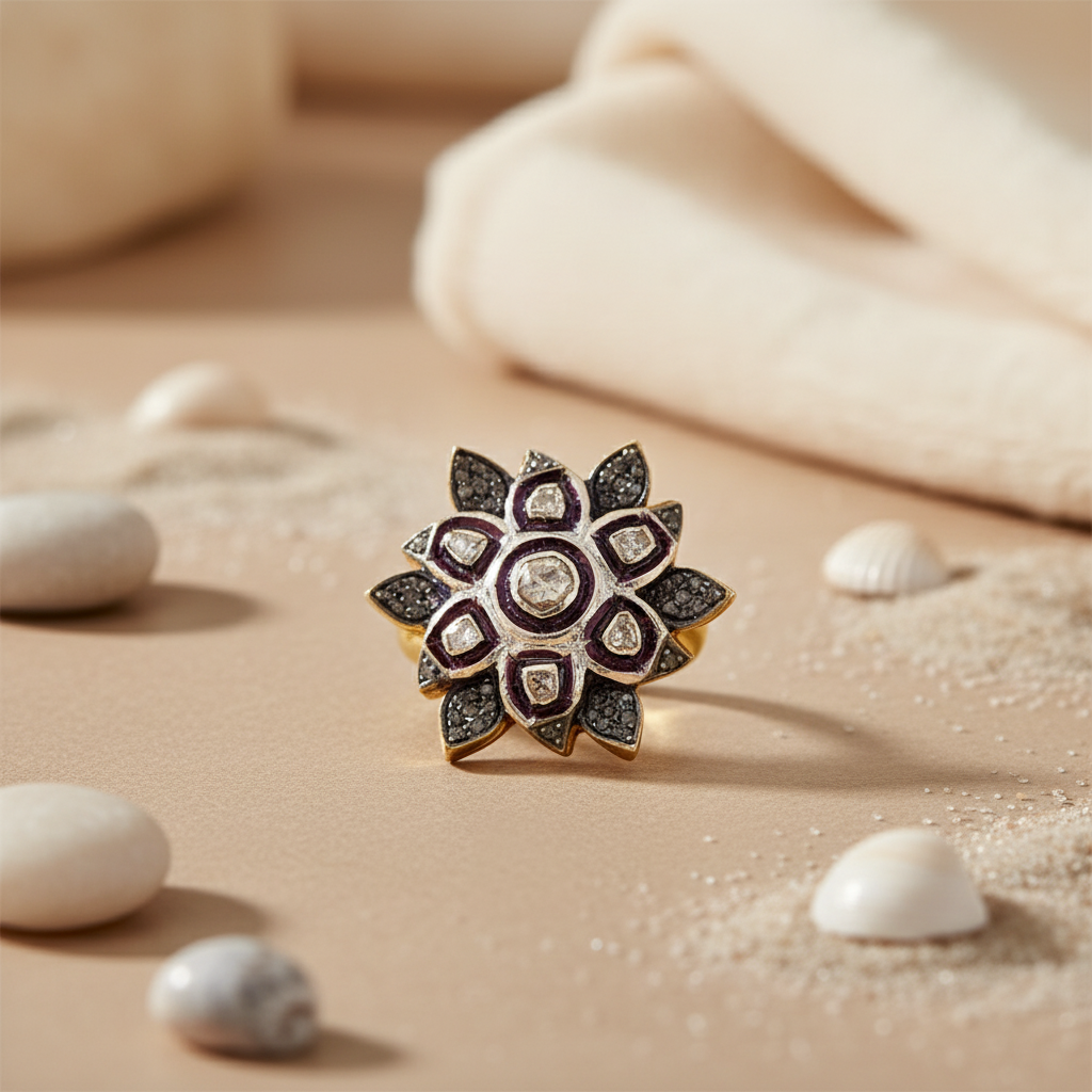 gold plating Ring with Diamond Flower for Women | Statement Ring