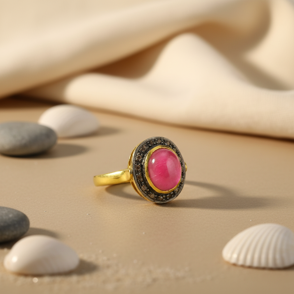 gold plating Ring with Pink Gemstone for Women | Statement Jewelry