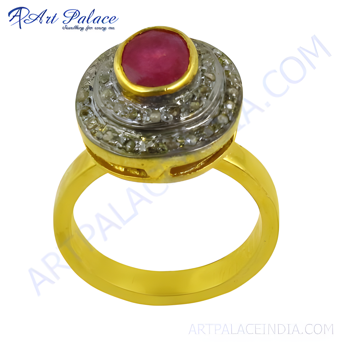 Gold plating ring with a red ruby gemstone and diamond accents, luxury jewelry, women's ring