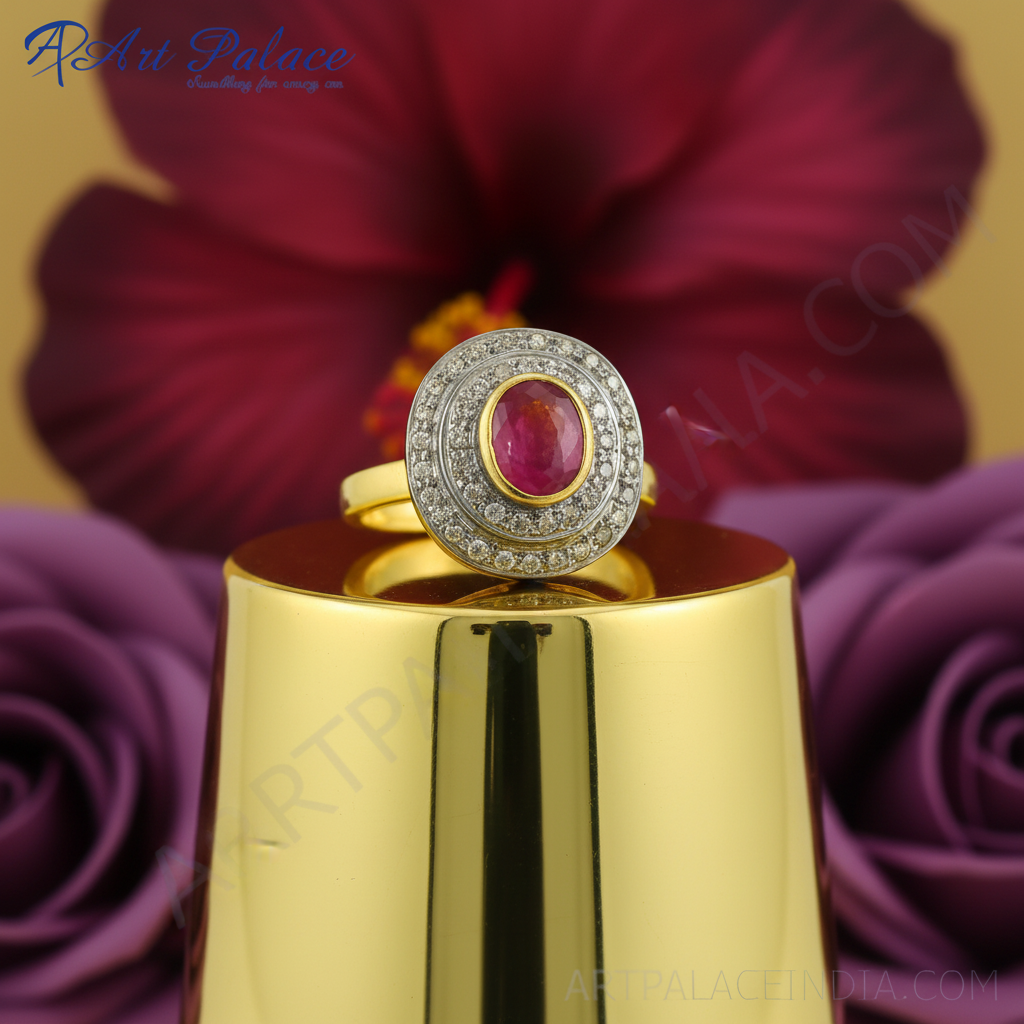 Ruby & diamond halo ring | gold plating plated | women's jewelry gift