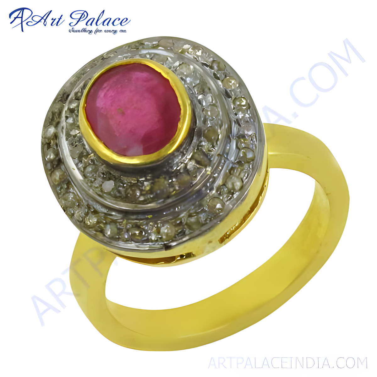 Gold plating plated ring with a central ruby gemstone and diamond halo design, perfect for gifting