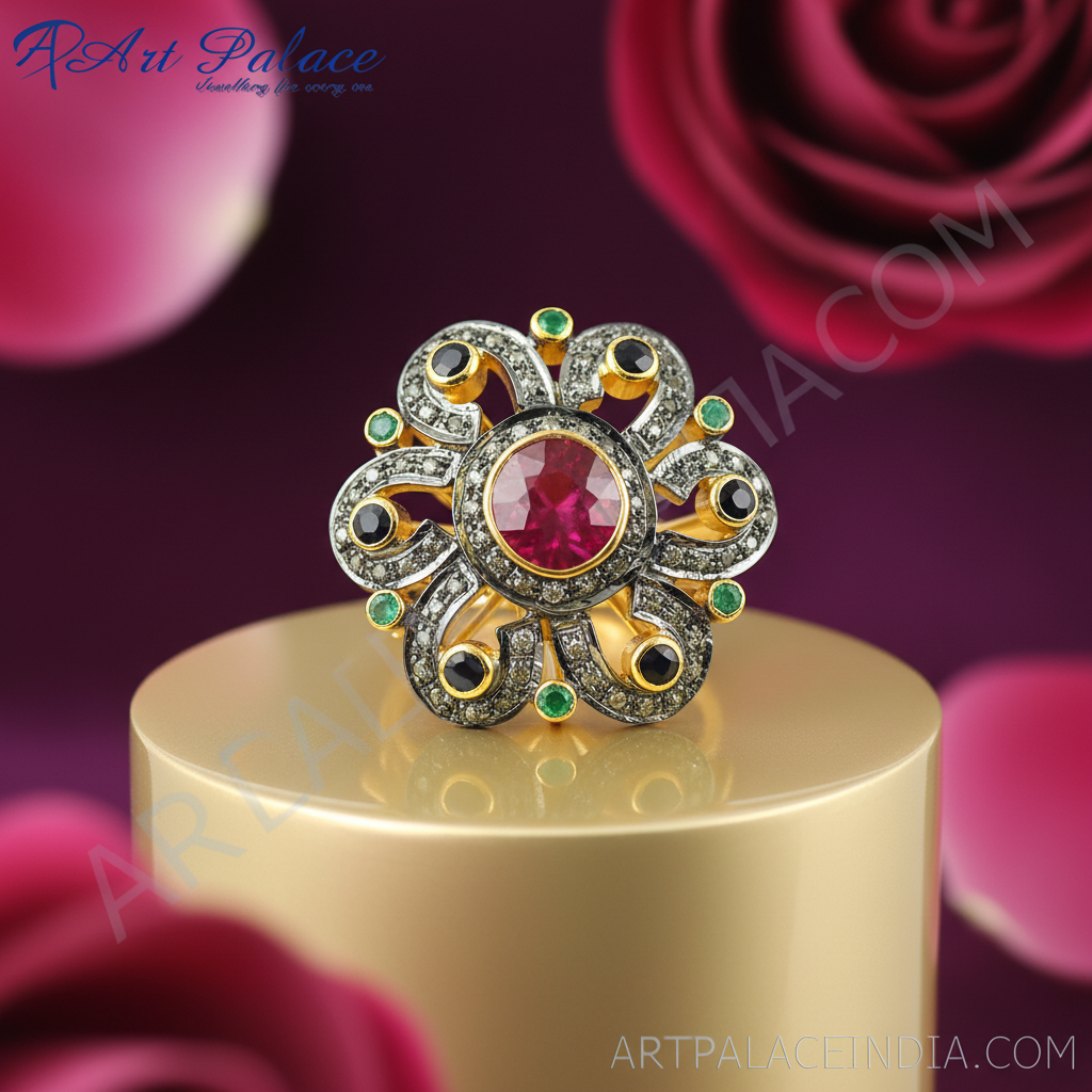 Ruby & emerald ring | gold plating plated flower ring for women