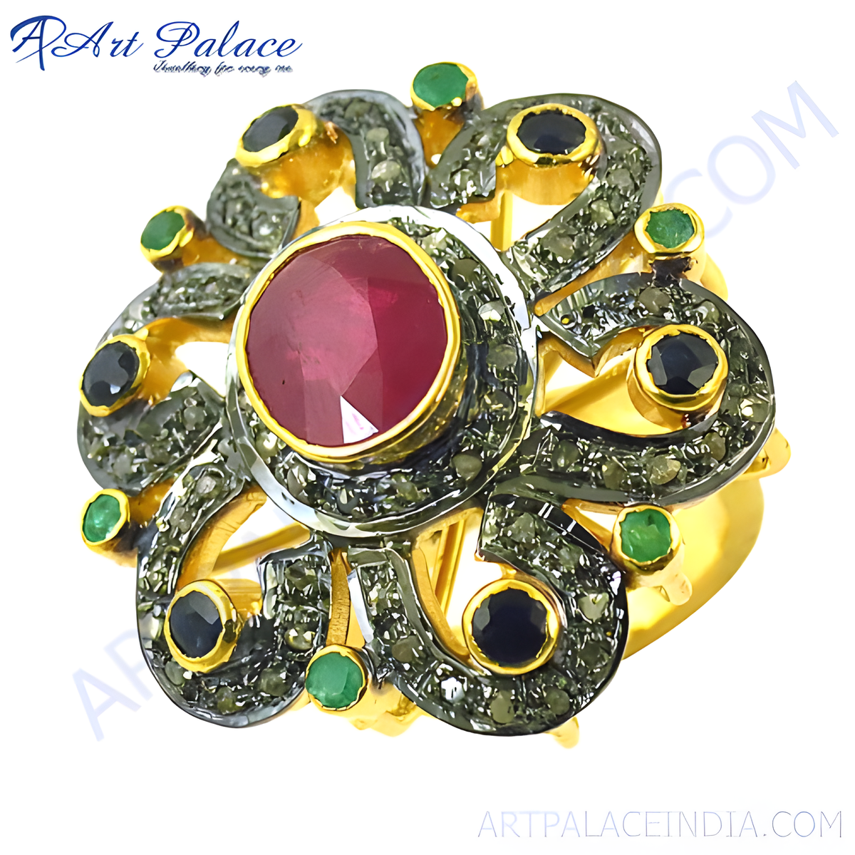 Gold plating plated cocktail ring with a central ruby and emerald accents in a flower design