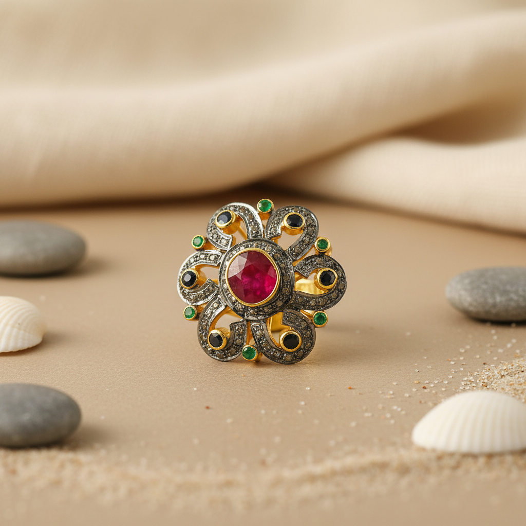 Ruby & Emerald Ring | Gold plating Plated Flower Ring for Women