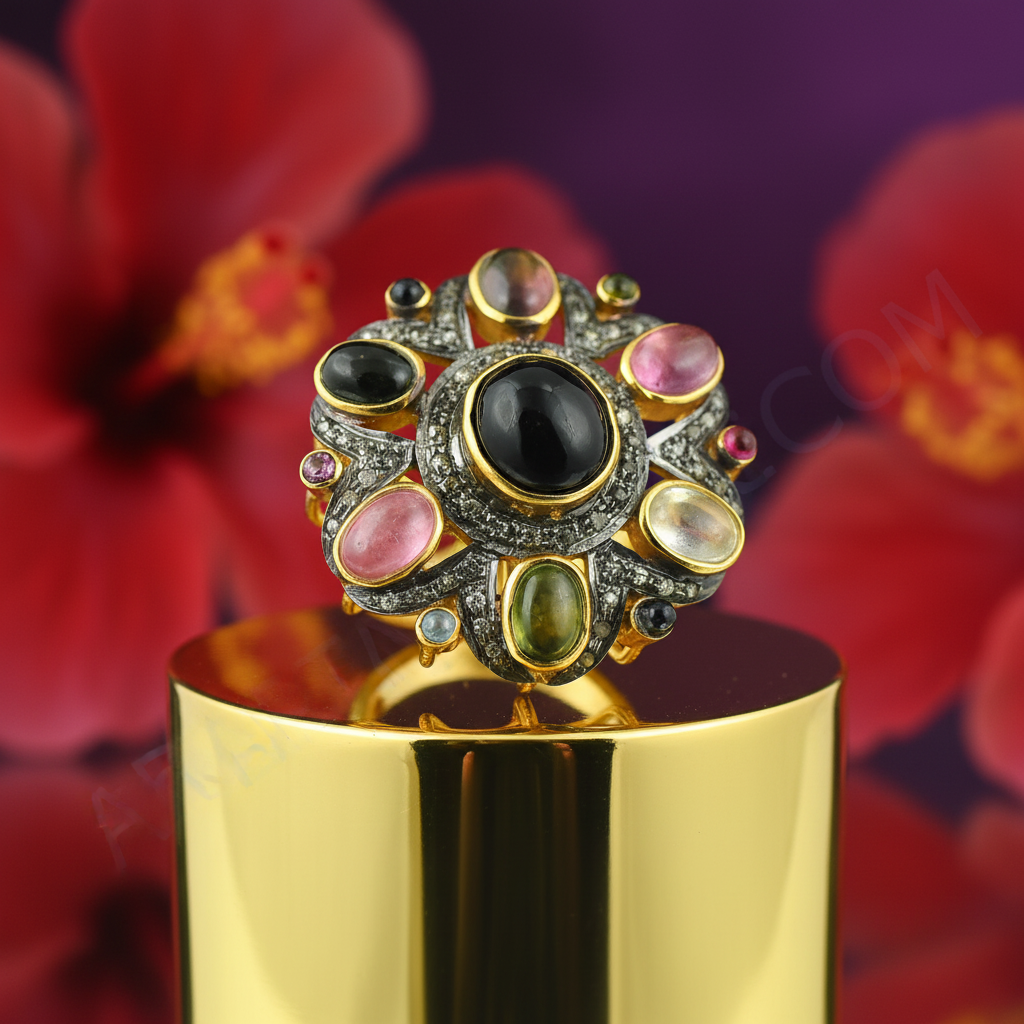 Multi gemstone ring | gold plating plated tourmaline ring for women