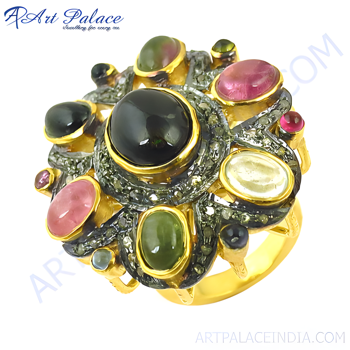 Gold plating plated multi gemstone ring with tourmaline and other colorful gemstones on a white background