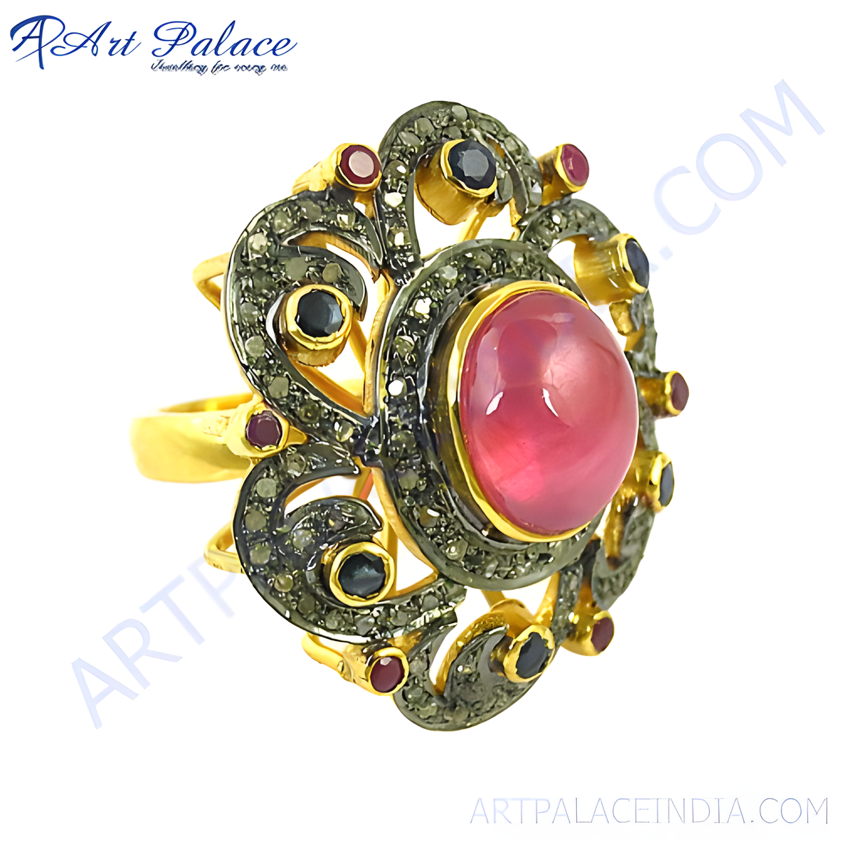 Gold plating ruby and diamond cocktail ring, featuring a large pink ruby gemstone and surrounding diamonds