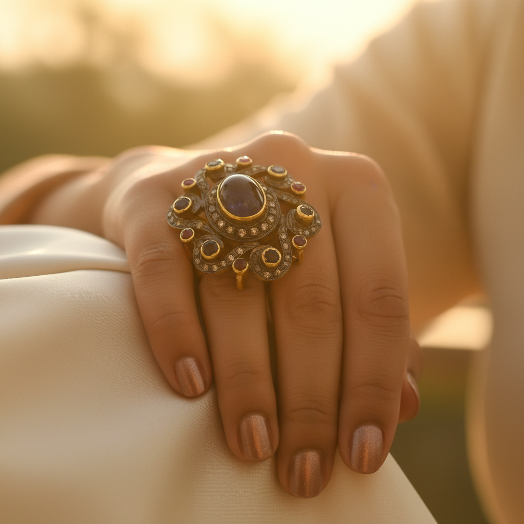 Sapphire & Ruby Ring | Oxidized gold plating Floral Design | For Women