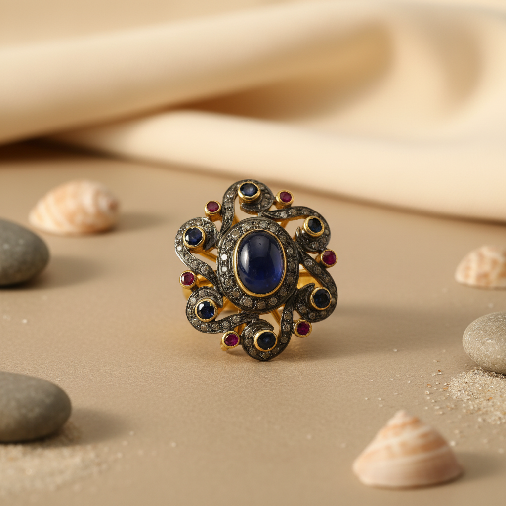 Sapphire & Ruby Ring | Oxidized gold plating Floral Design | For Women