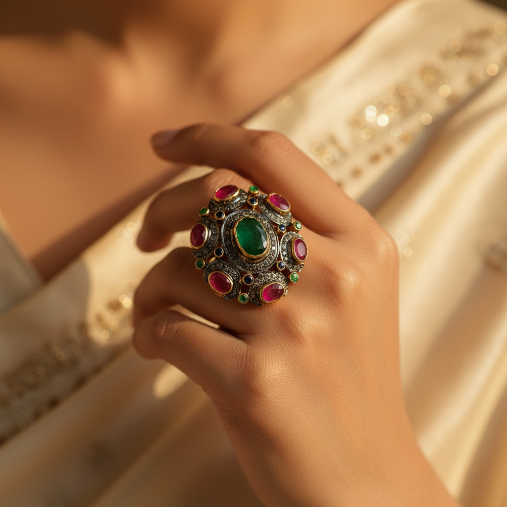 Ruby Emerald Diamond Ring - Gemstone Jewelry for Women