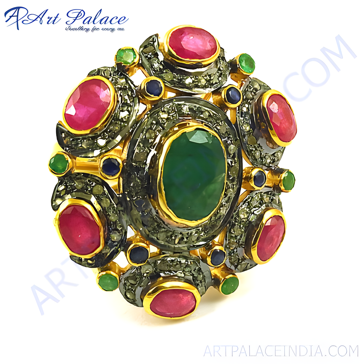 Gold plating ring with oval emerald center, ruby and diamond accents
