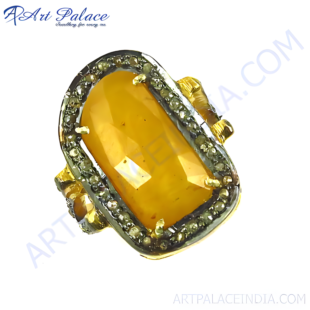 Gold plated cocktail ring with a large yellow gemstone and accent stones, perfect for women's fashion