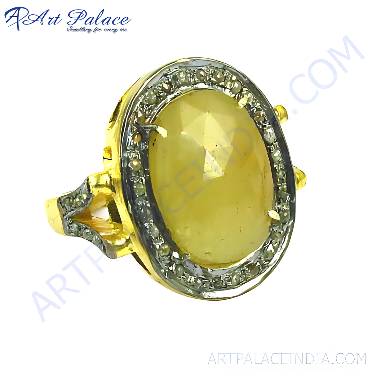 Gold plated ring with a large yellow sapphire gemstone center and diamond accents, for women
