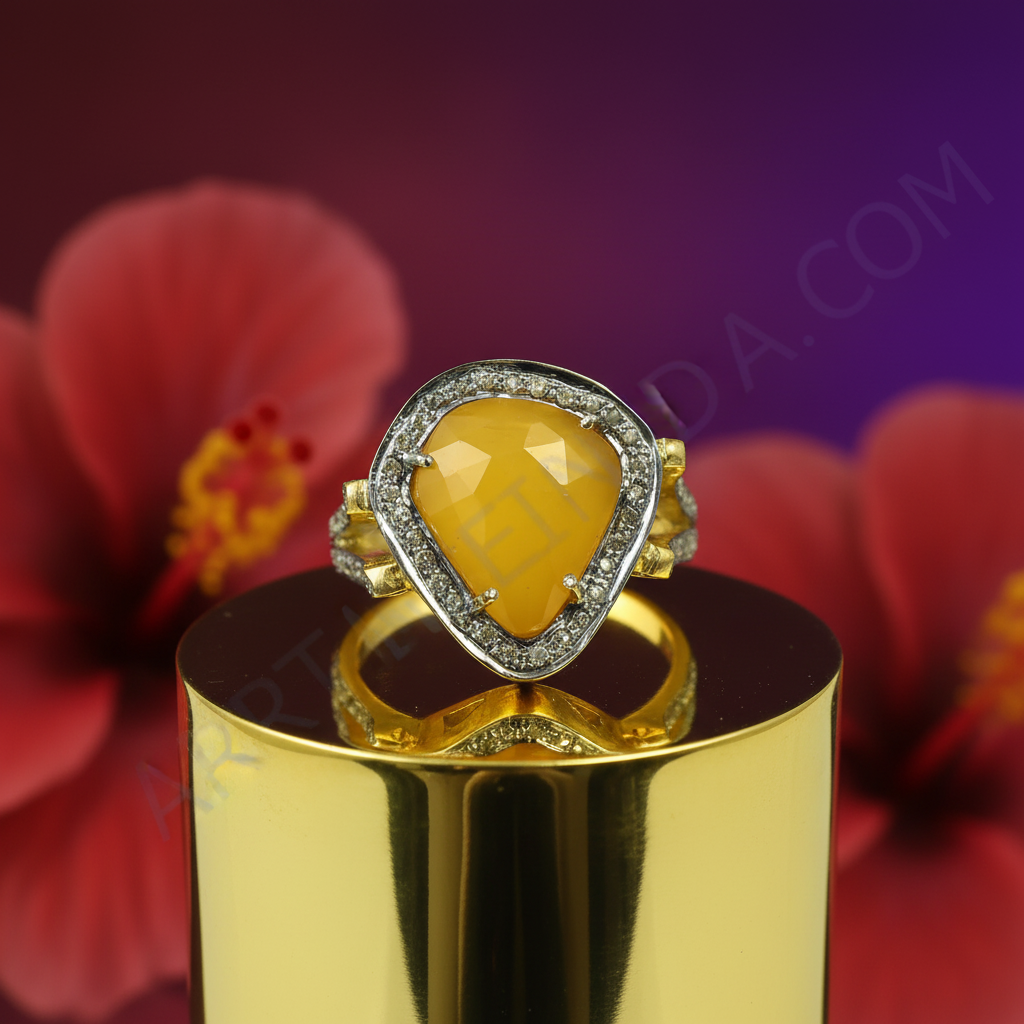 Gold plating ring with yellow gemstone & diamonds for women