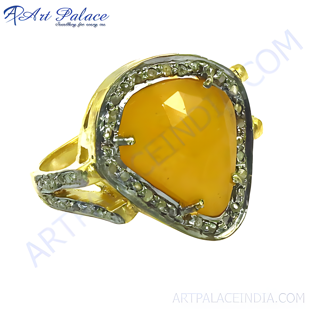 Gold plating ring with a yellow pear shaped gemstone and diamond accents, elegant women's jewelry