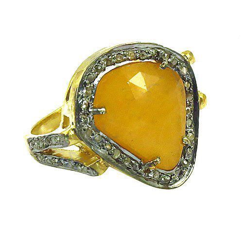gold plating Ring with Yellow Gemstone & Diamonds for Women