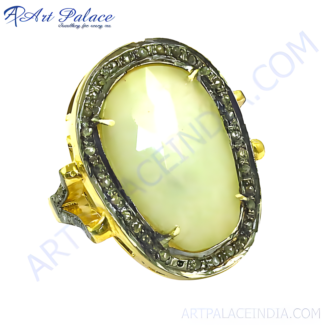 gold plating ring with a large oval pearl center stone and diamond accents around the bezel, a beautiful piece of jewelry