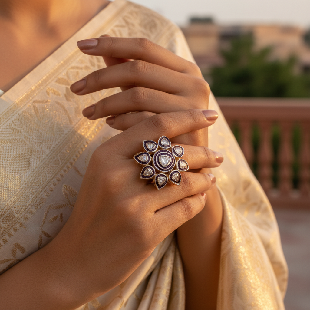 gold plating Ring with Diamond & Enamel | Flower Design | For Women
