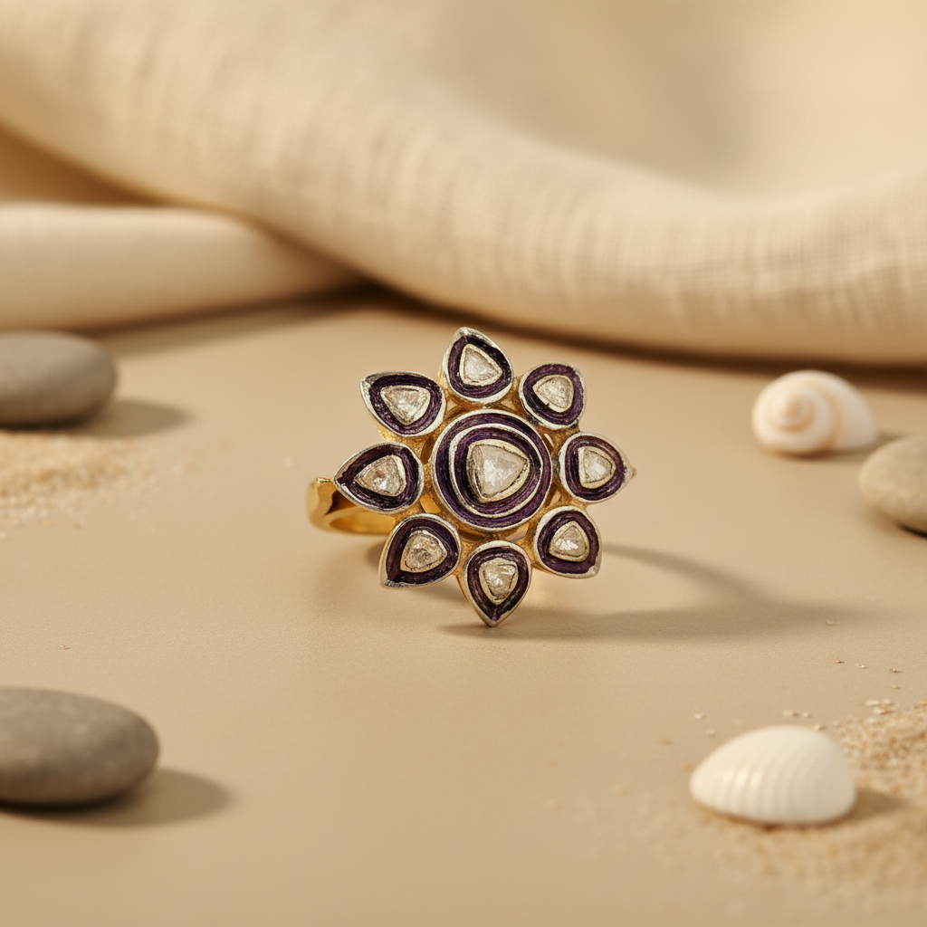 gold plating Ring with Diamond & Enamel | Flower Design | For Women