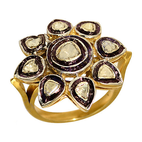 gold plating Ring with Diamond & Enamel | Flower Design | For Women