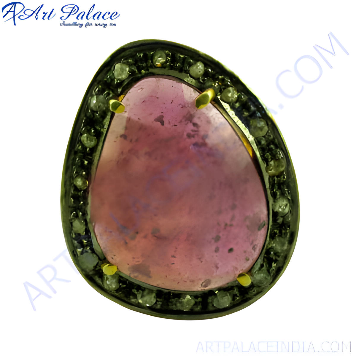 Sterling silver ring with a large pink tourmaline gemstone and diamond accents, a luxurious and eye catching piece of jewelry
