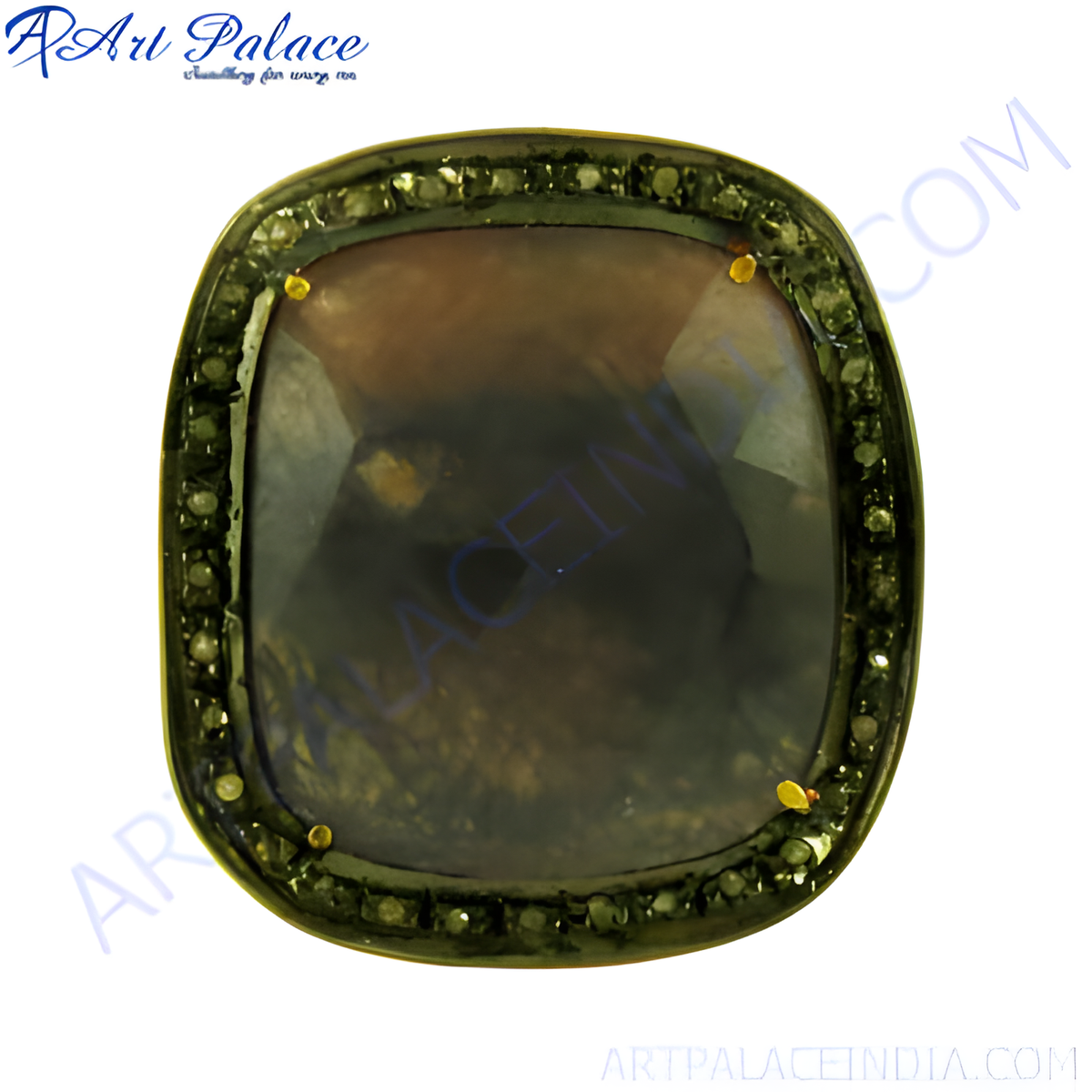 Square cut sapphire and diamond halo ring with a dark gemstone