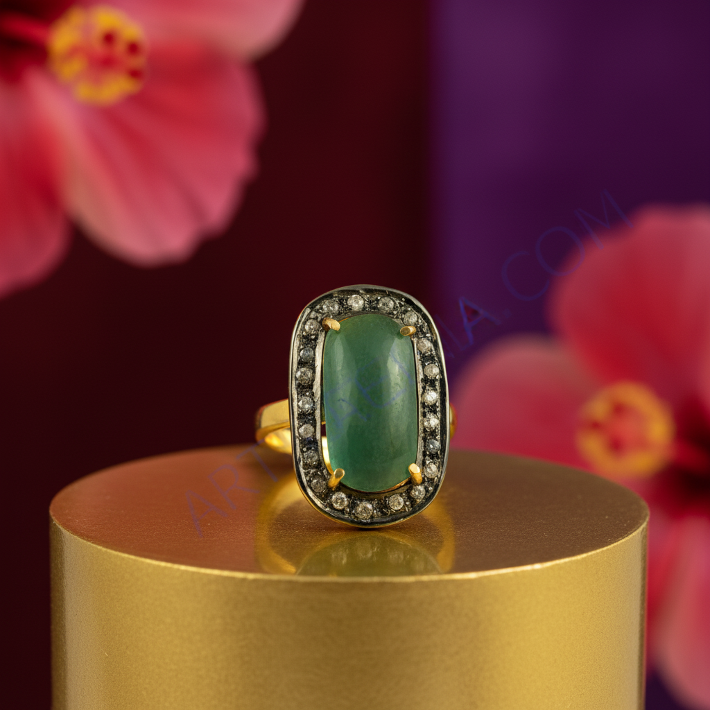 Emerald and diamond ring | gold plating finish | women's jewelry