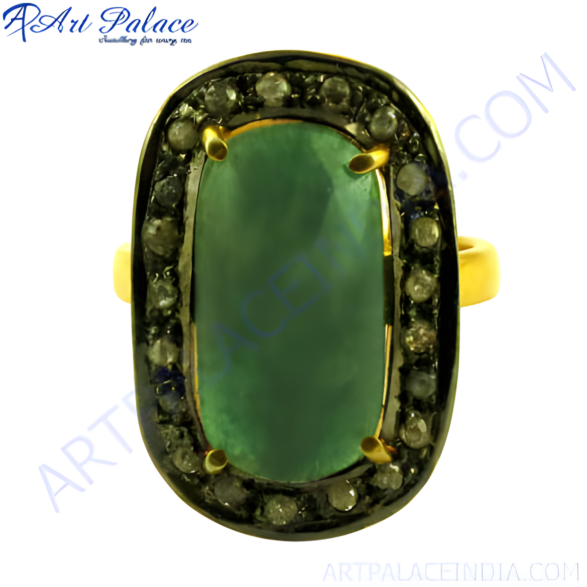 Gold plating finish ring featuring a large emerald gemstone surrounded by diamonds, a stunning piece of women's jewelry