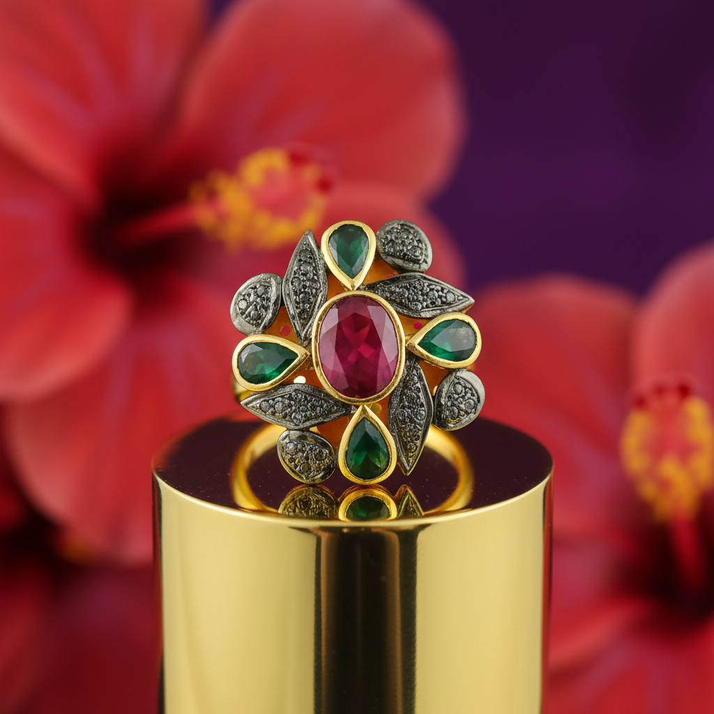 Gold plating ruby & emerald ring | cocktail ring for women