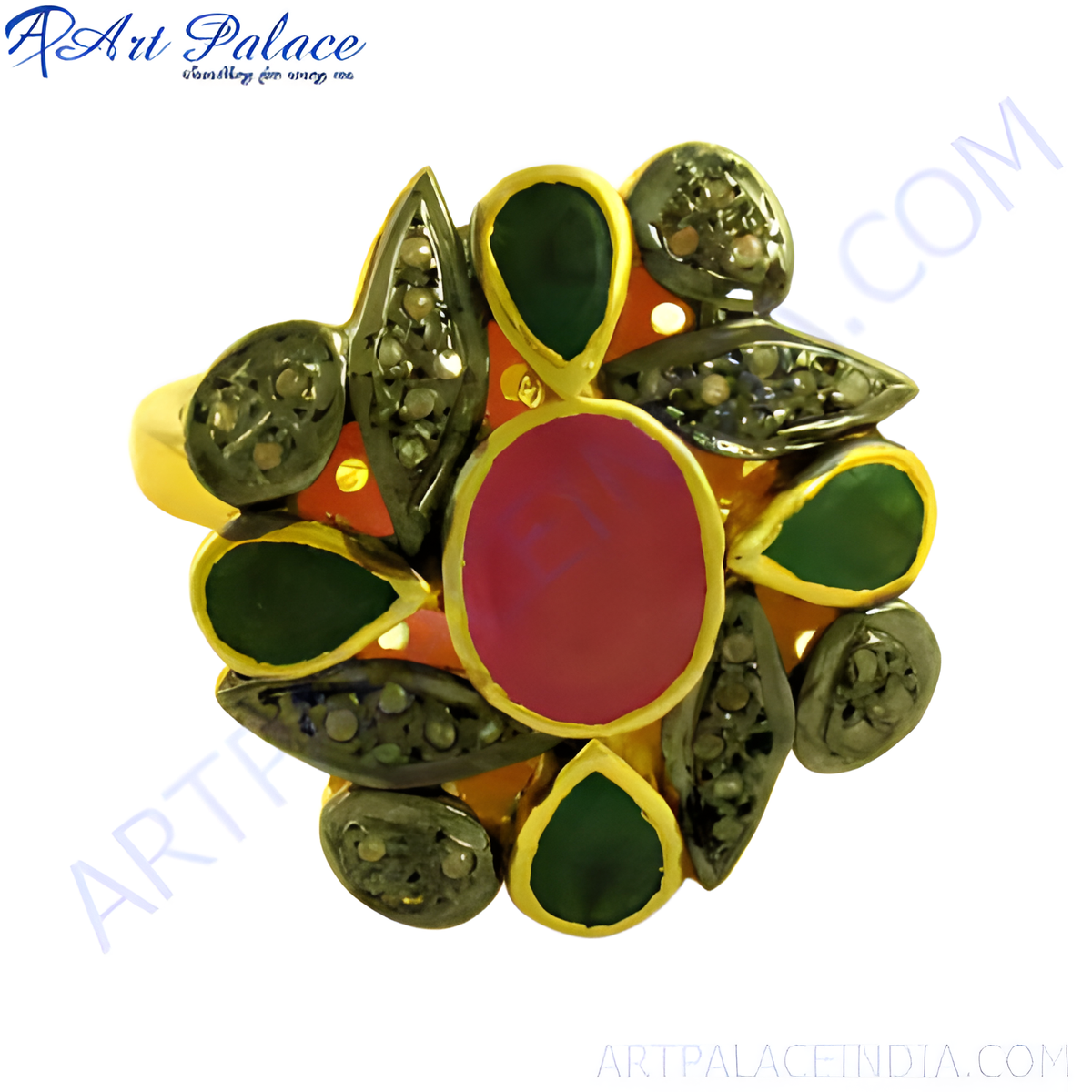 Gold plating cocktail ring with a central ruby surrounded by emeralds and diamonds